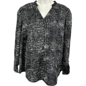 Vince Camuto Black Print Satin Long Sleeve V-Neck Top Blouse Shirt Womens sz 2X